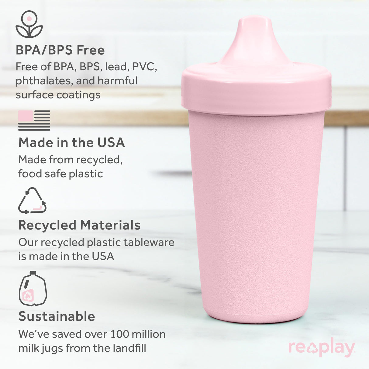 Re-Play Made in USA 10 Oz. Sippy Cups for Toddlers, Pack of 4 - Reusable Spill Proof Cups for Kids, Dishwasher/Microwave Safe - Hard Spout Sippy Cups for Toddlers 3.13" x 6.25", Desert Roses