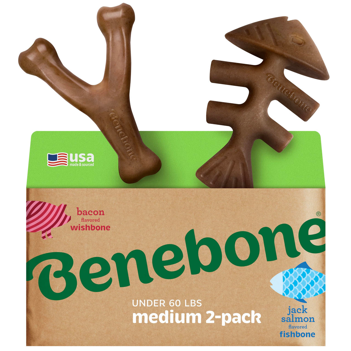 Benebone 2-pack Wishbone/Dental Durable Dog Chew Toys, Dog Toys for Aggressive Chewers, Real Bacon, Made in USA, Medium