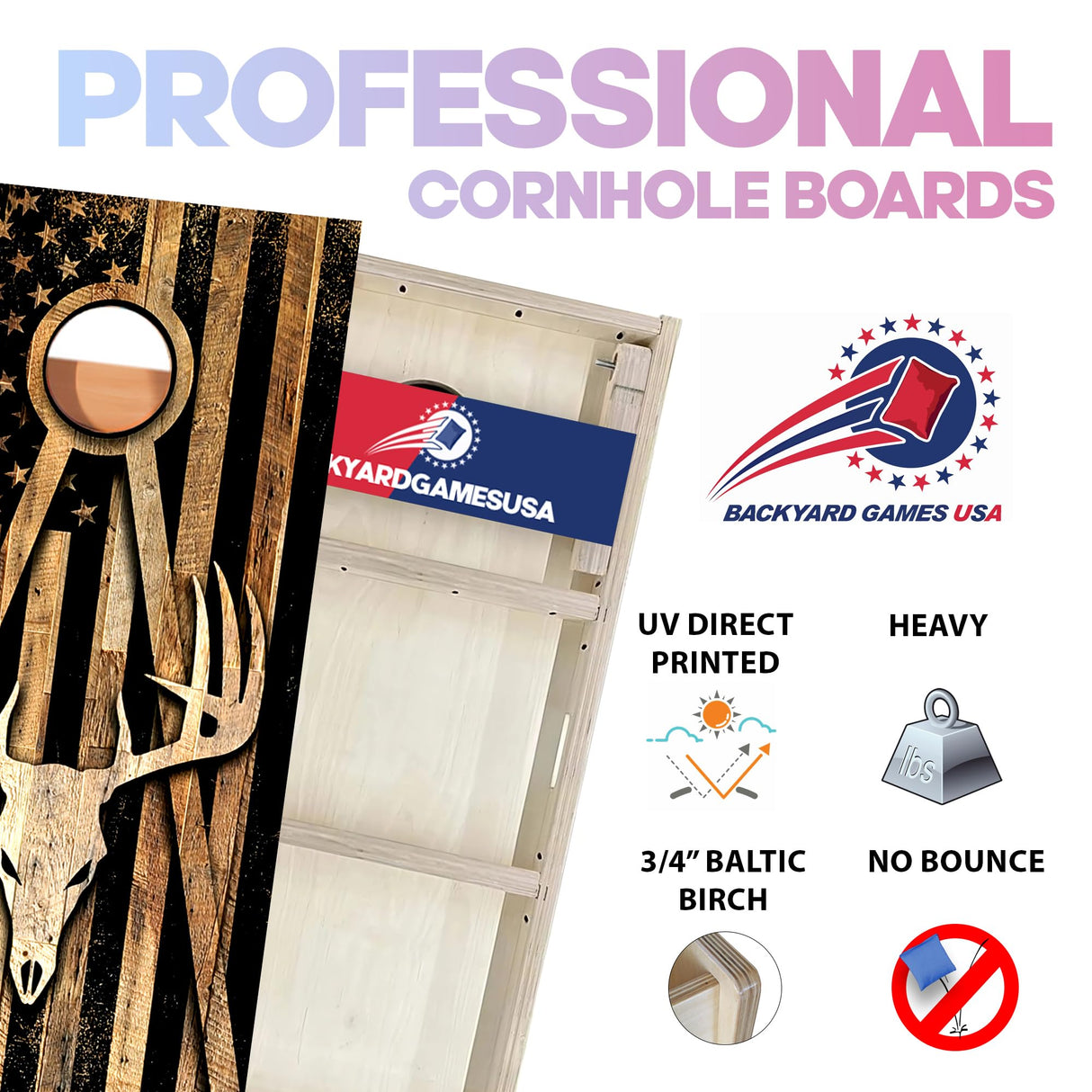 BackYardGamesUSA Pro Cornhole Boards Set | Made in USA | 3/4 Baltic Birch | No Bounce | Triple Thick Legs | Two Brace & Handles, Tournament 2x4 Regulation Set with Score Tower & Cornhole Bags