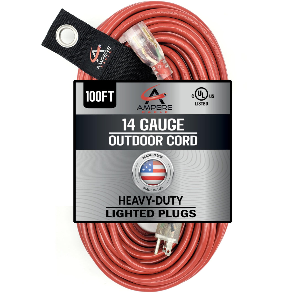50 ft - 14 Gauge Extension Cord Outdoor - Made in USA - Lighted on Both Ends - Red Outdoor Extension Cord Waterproof by Anthem Cable - Heavy Duty Extension Cord 50 ft 15 Amp Extension Cord