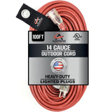50 ft - 14 Gauge Extension Cord Outdoor - Made in USA - Lighted on Both Ends - Red Outdoor Extension Cord Waterproof by Anthem Cable - Heavy Duty Extension Cord 50 ft 15 Amp Extension Cord
