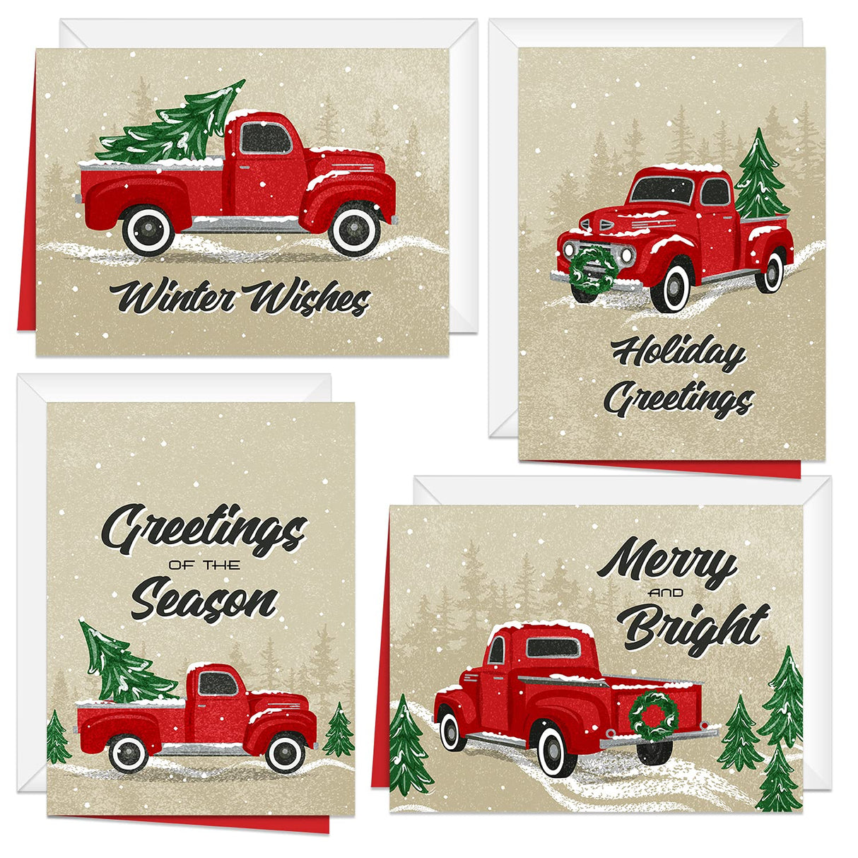 Painted Kraft Style Holiday Cards / 24 Modern Christmas Note Cards With White Envelopes / 4 5/8" x 6 1/4" Illustrated Faux Kraft Greeting Cards / 6 Cheery Winter Designs/Made In The USA