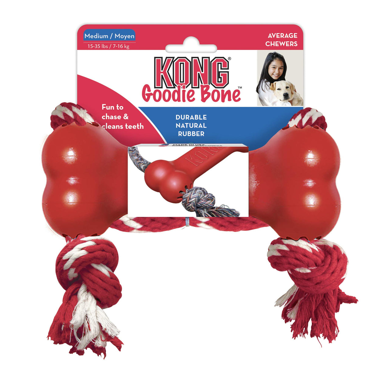 KONG Goodie Bone with Rope - Classic Durable Natural Rubber Dog Bone, Supports Mental Engagement - Treat Dispensing - Red - for Medium Dogs