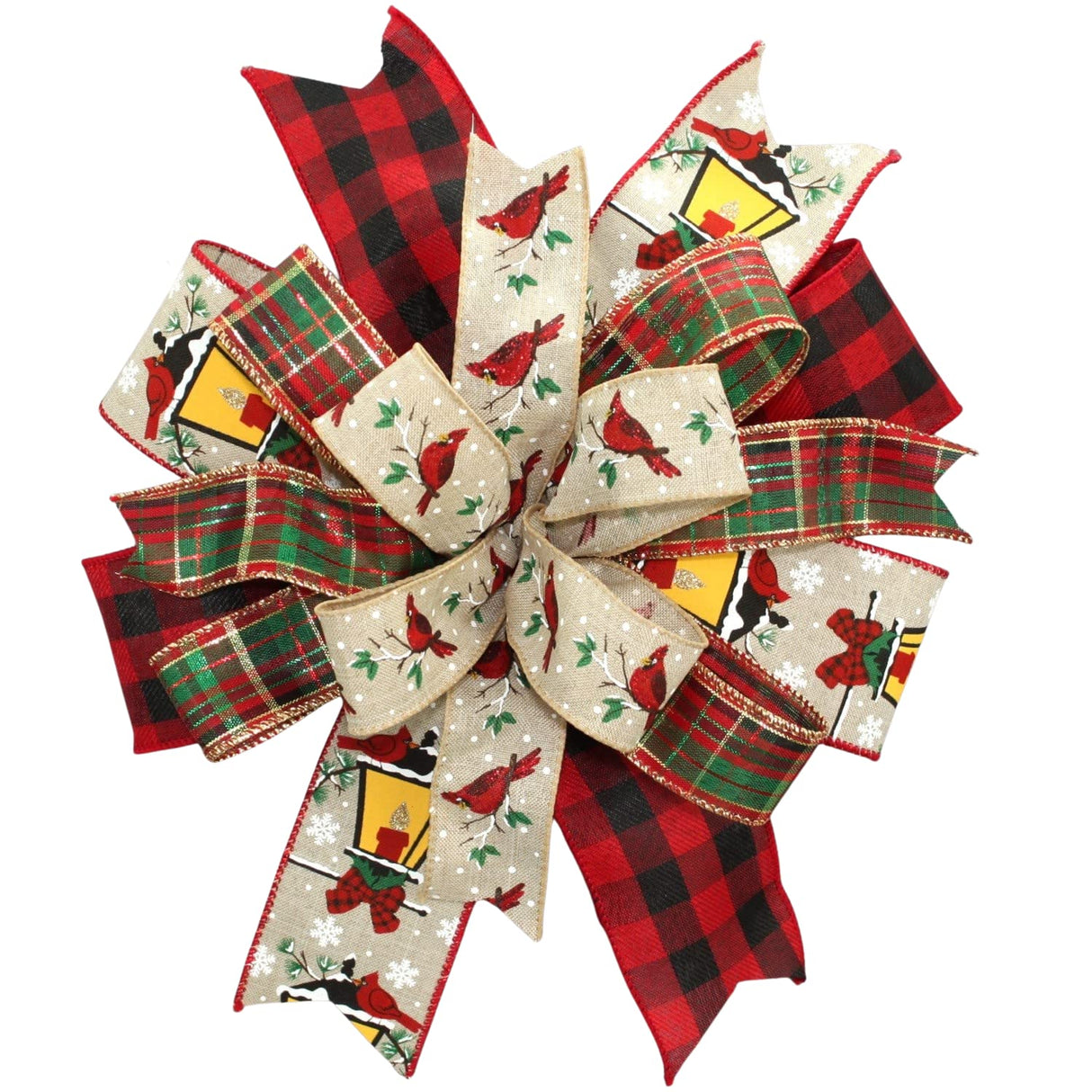 Christmas Cardinal Snowman Gingham Wreath Bow - Package Perfect Bows Made in USA