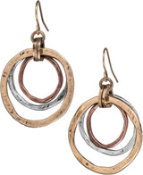 Handmade Sunrise Tricolor Dangle Earrings - Burnished Circles, Copper, Brass and Silverplated