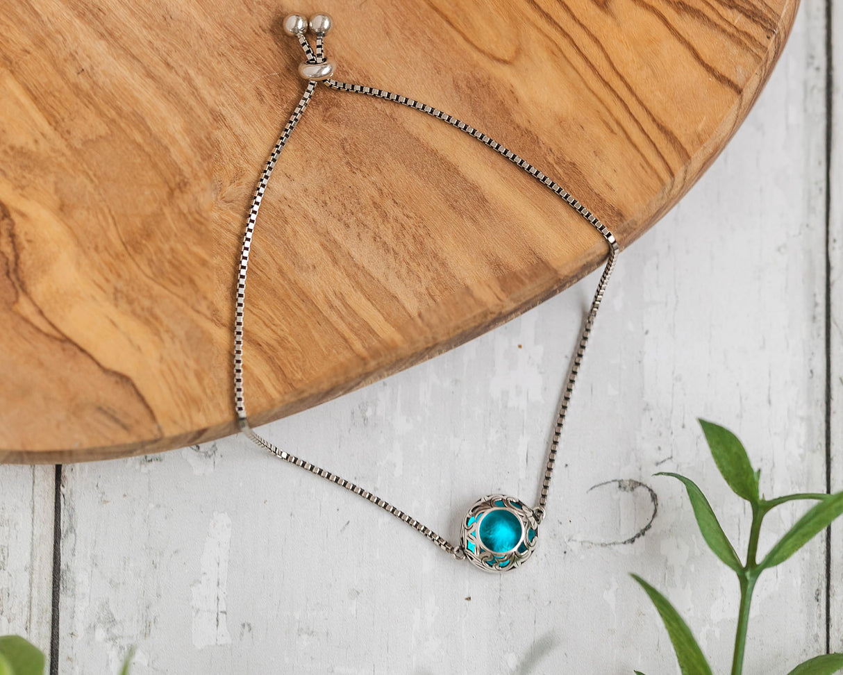 Bottled Up Designs Handmade Vintage Lace Adjustable Slider Bracelet, Recycled Glass, Sterling Silver, Eco Friendly, Made in USA, Birthday Gifts, Mothers Day, Women (Olive Wine Bottle)