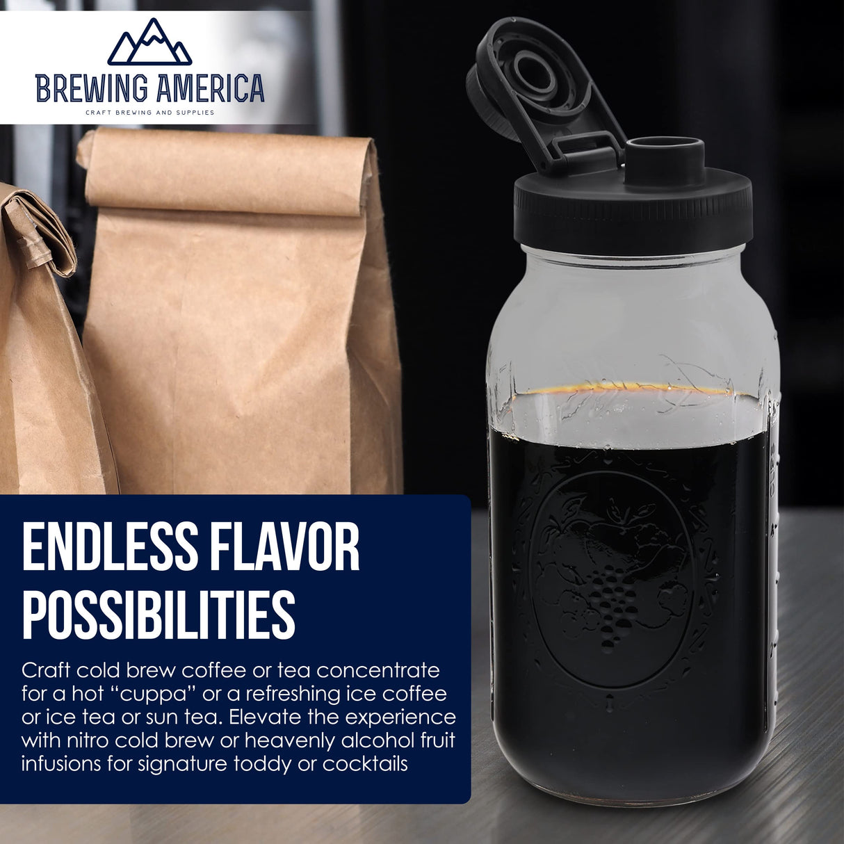 Brewing America Mason Jar Cold Brew Coffee Maker Infuser: Made in USA Wide Mouth Mason Jar with Screw Top Pour and Drinking Lid, Stainless Steel Filter - Coffee, Tea, Alcohol - 2 Quart 64 oz Blue Lid