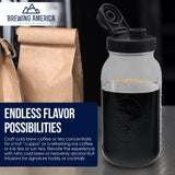 Brewing America Mason Jar Cold Brew Coffee Maker Infuser: Made in USA Wide Mouth Mason Jar with Screw Top Pour and Drinking Lid, Stainless Steel Filter - Coffee, Tea, Alcohol - 2 Quart 64 oz Blue Lid
