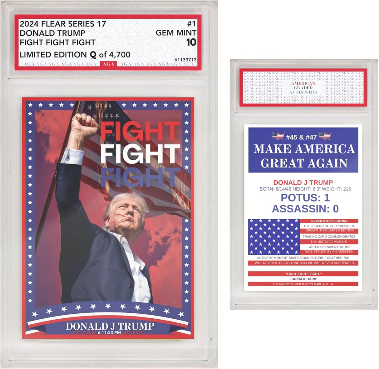 Fight! Assassination President Donald Trump Trading Card 2024 | MAGA Patriot Election Donald Trump Graded Gem Mint Collectible Gifts GOP Made in America Gifts, Trump Memorabilia Limited Edition