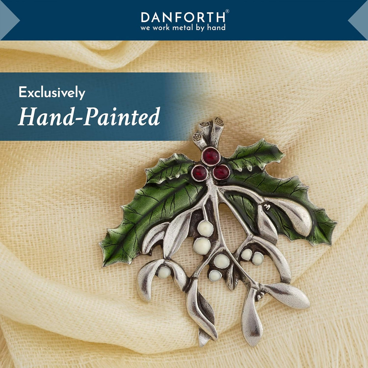 Danforth Mistletoe And Holly Brooch Pin For Women – Handcrafted Pewter Christmas Jewelry For Women – 2 3/8” Wide, Made In USA