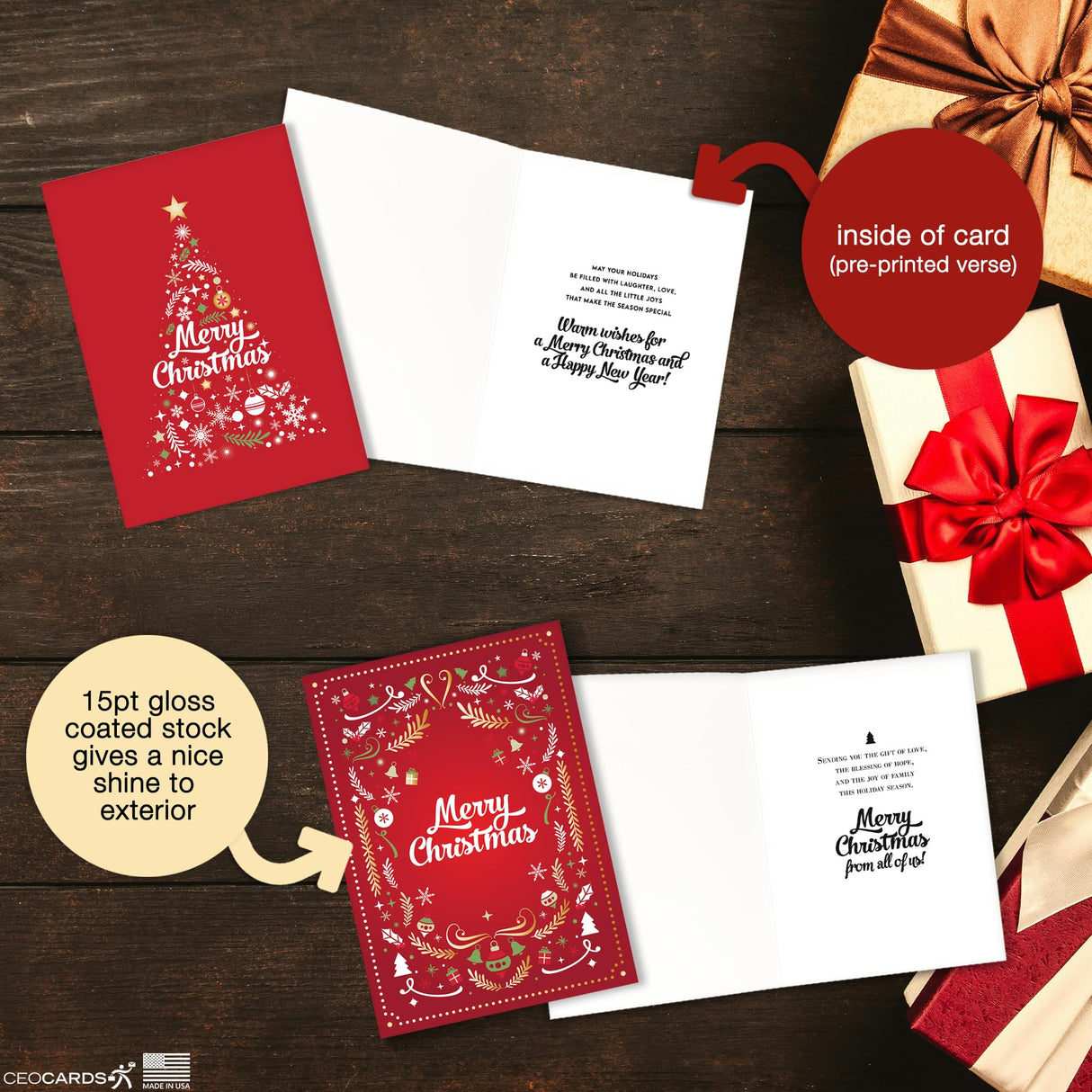 Merry Christmas Cards for Business & Family (Variety Pack 4 Holiday Designs) Greeting Card Set Pack of 20 Holiday Cards with Envelopes (5x7 inch - A7) Office, Work, Employees & Clients VP2405