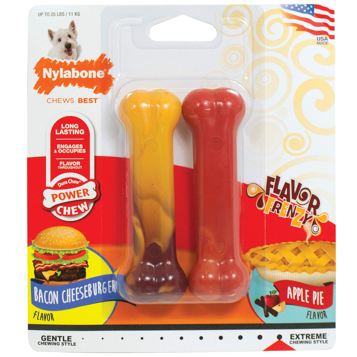 Nylabone Power Chew Classic Bone Chew Toy for Dogs, Durable Dog Toys for Aggressive Chewers, Bacon & Chicken Flavor, Medium/Wolf (2 Count)