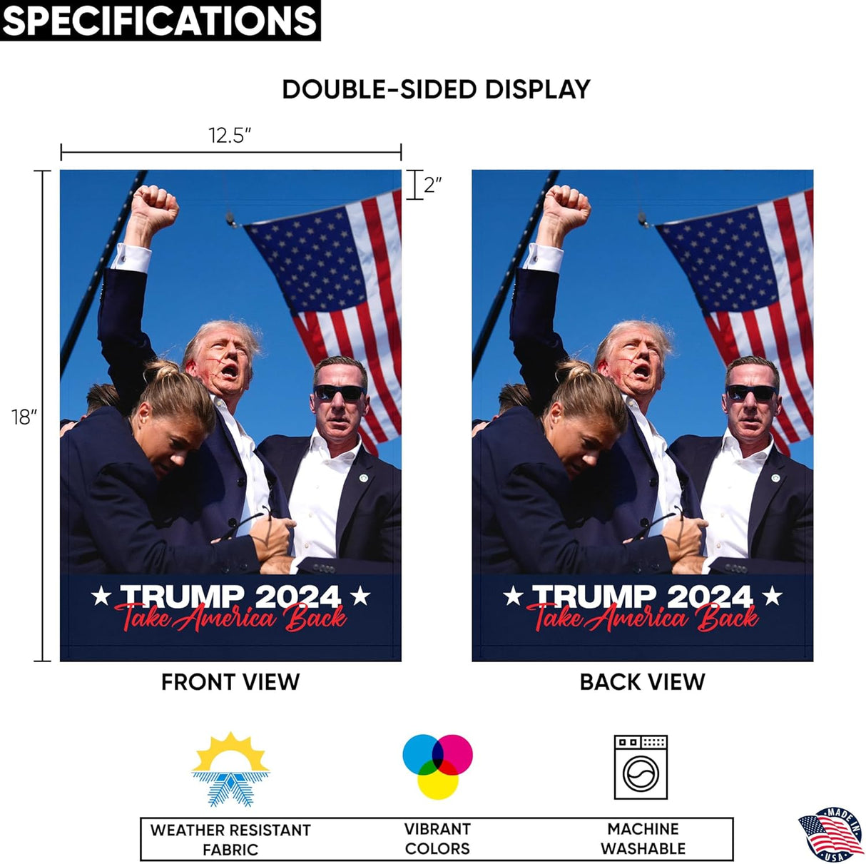 Factory Crafts Made In USA - Not China - Trump 2024 Garden flag | Assassination Attempt Fight | 18"x12.5" Vertical Double sided print - **pole not included** Indoor/Outdoor Yard Decoration |