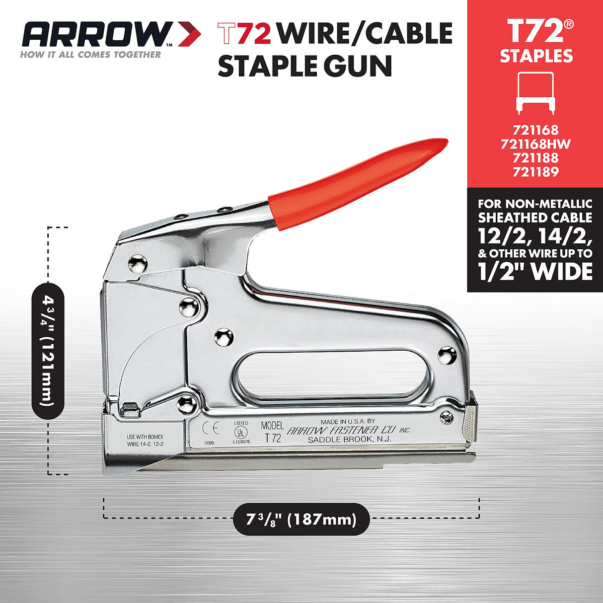 Arrow T72 Heavy Duty Wire and Cable Staple Gun, Manual Stapler for Installing Wiring for Telecommunications, Internet, and Computer Cables, uses T72 Insulated Staples