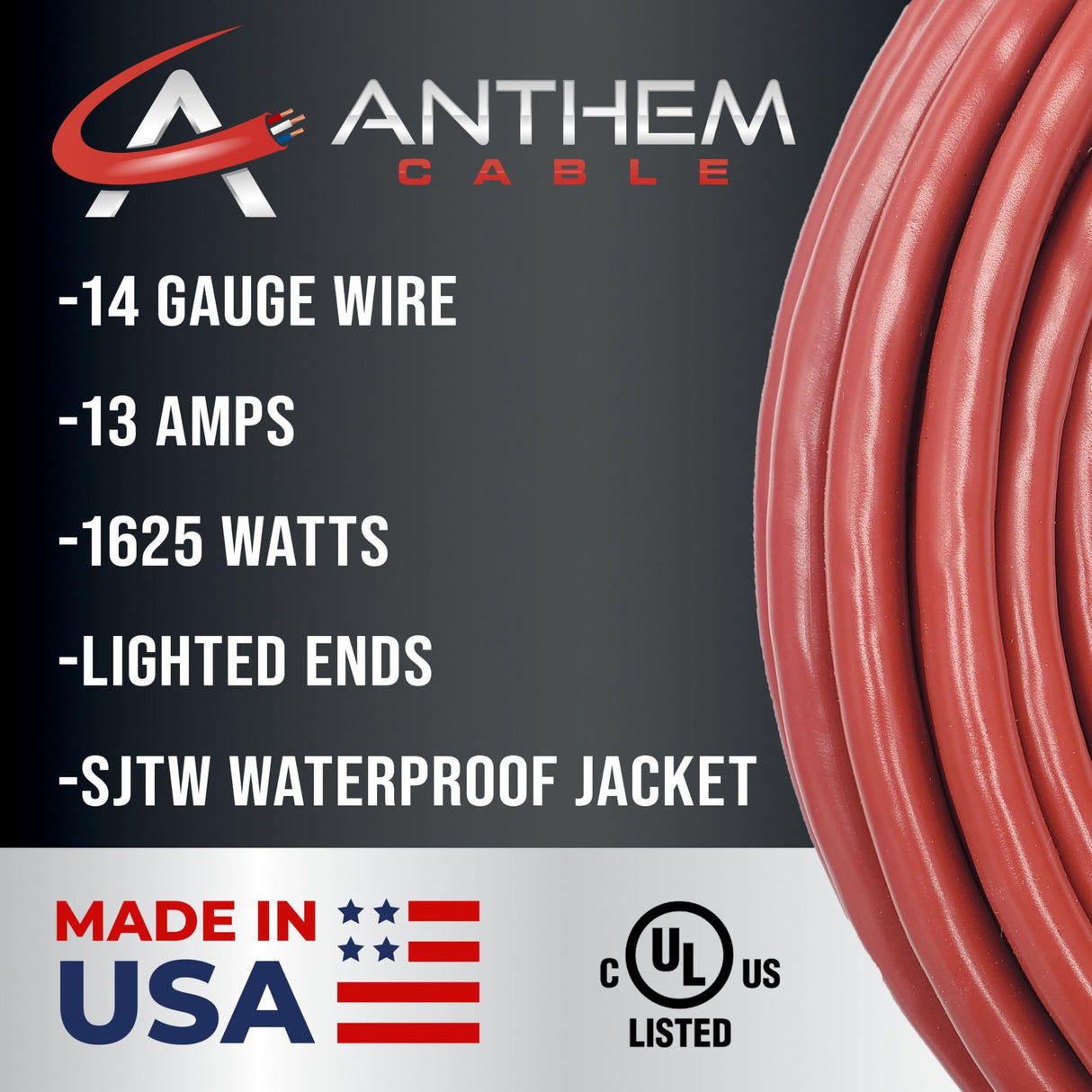 50 ft - 14 Gauge Extension Cord Outdoor - Made in USA - Lighted on Both Ends - Red Outdoor Extension Cord Waterproof by Anthem Cable - Heavy Duty Extension Cord 50 ft 15 Amp Extension Cord