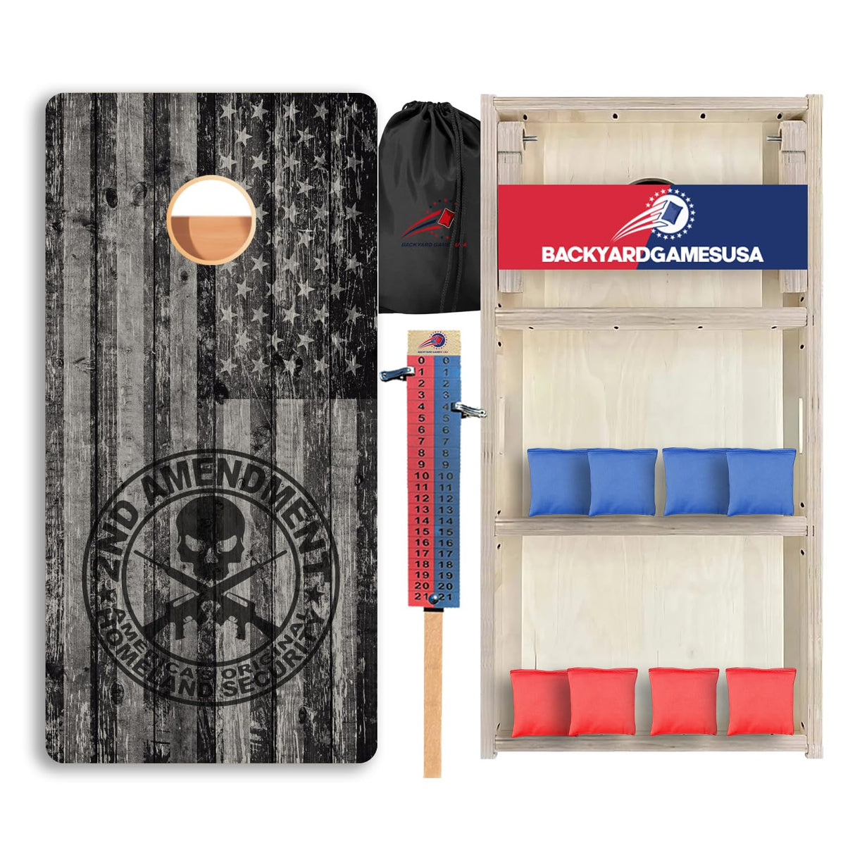 BackYardGamesUSA Pro Cornhole Boards Set | Made in USA | 3/4 Baltic Birch | No Bounce | Triple Thick Legs | Two Brace & Handles, Tournament 2x4 Regulation Set with Score Tower & Cornhole Bags