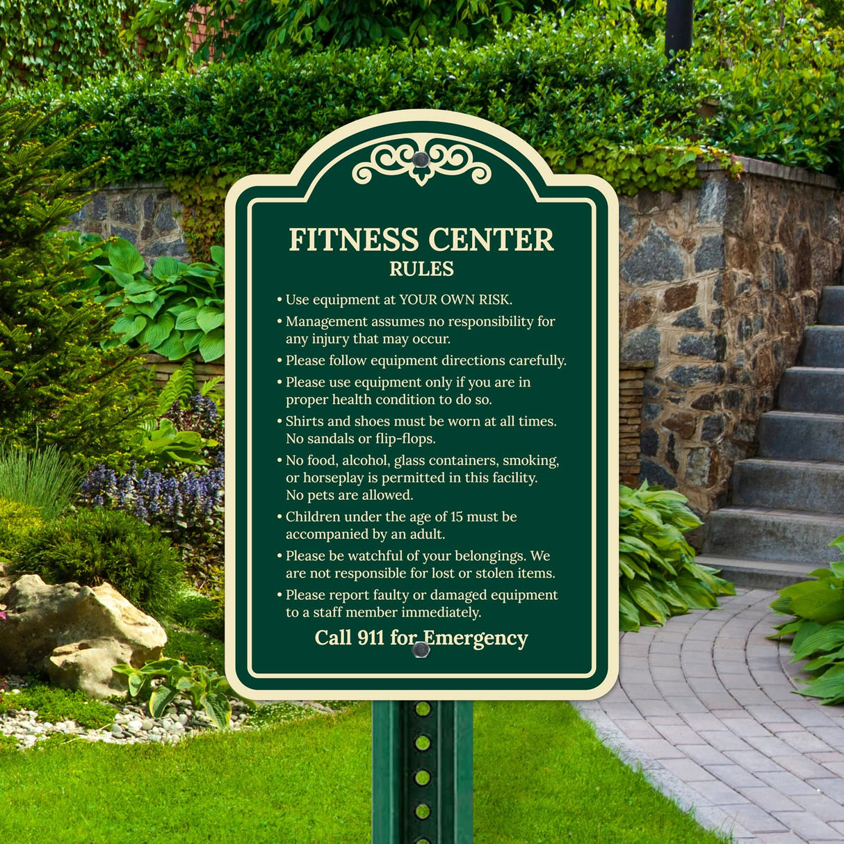 Sigo Signs, Fitness Center Rules Use Equipment at Your Own Risk Décor Sign, Green Light, 12x18 Inches, ACM, Fade Resistant, Made in USA