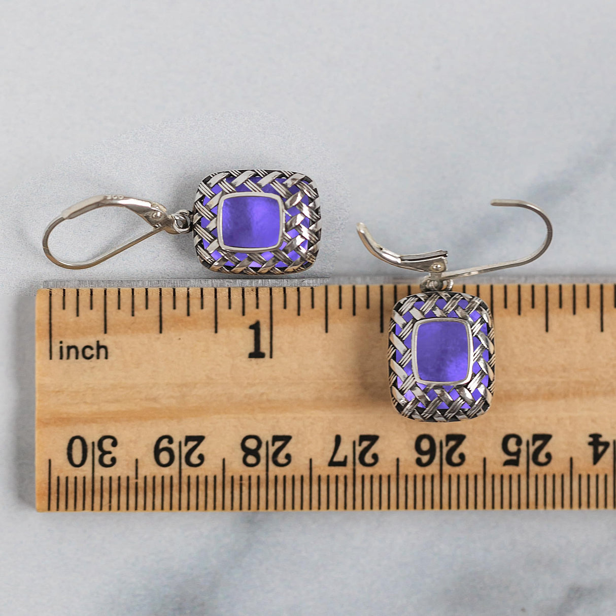 Bottled Up Designs Handmade Vintage Quilted Square Leverback Earrings, Sterling Silver, Eco Friendly, Made in USA, Birthday Gifts, Mothers Day, Women (Cobalt)