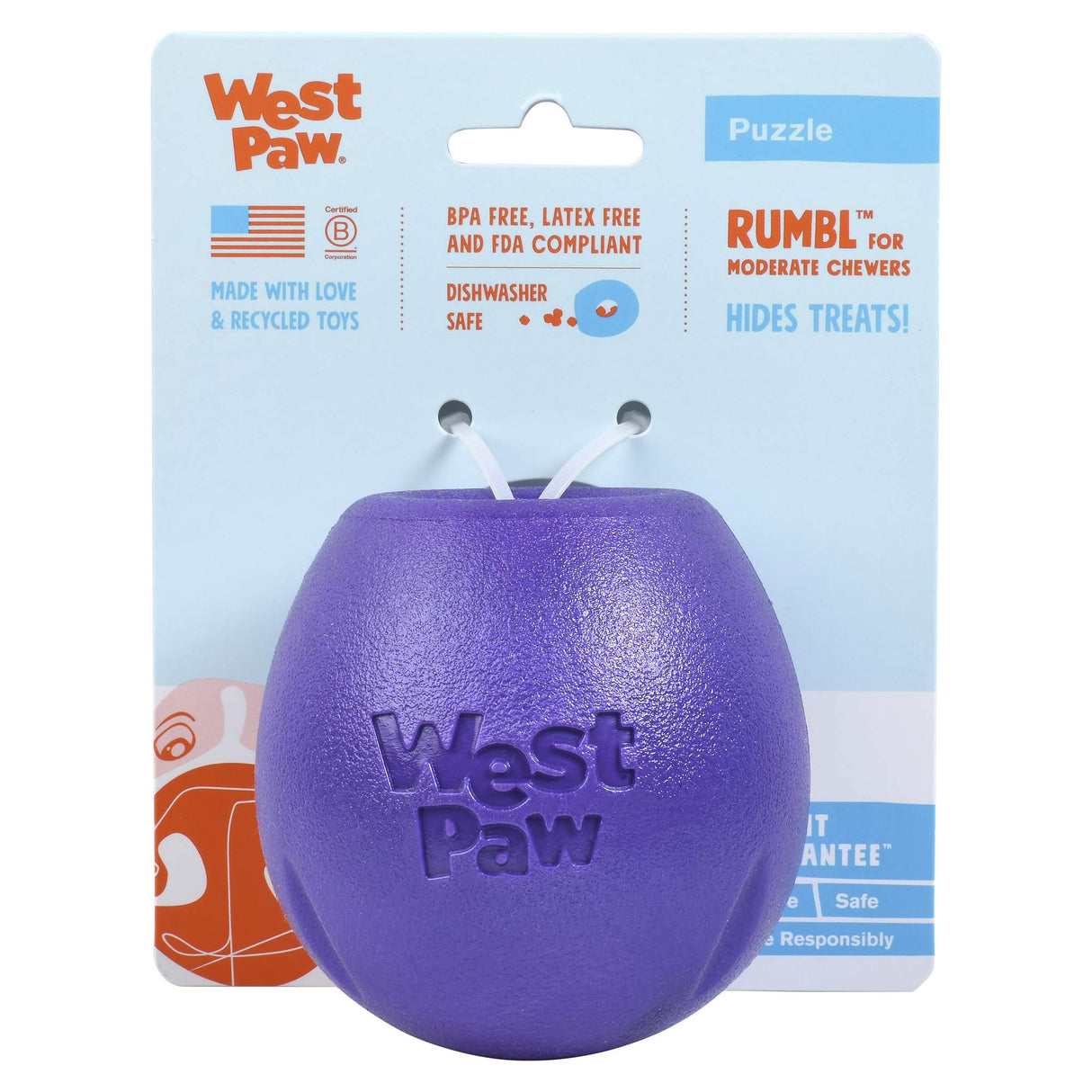 West Paw Zogoflex Rumbl Treat-Dispensing Dog Toy – Interactive Slow-Feeder Chew – Enrichment Toy Moderate Chewers, Fetch, Catch – Holds Kibble, (Eggplant, Large)