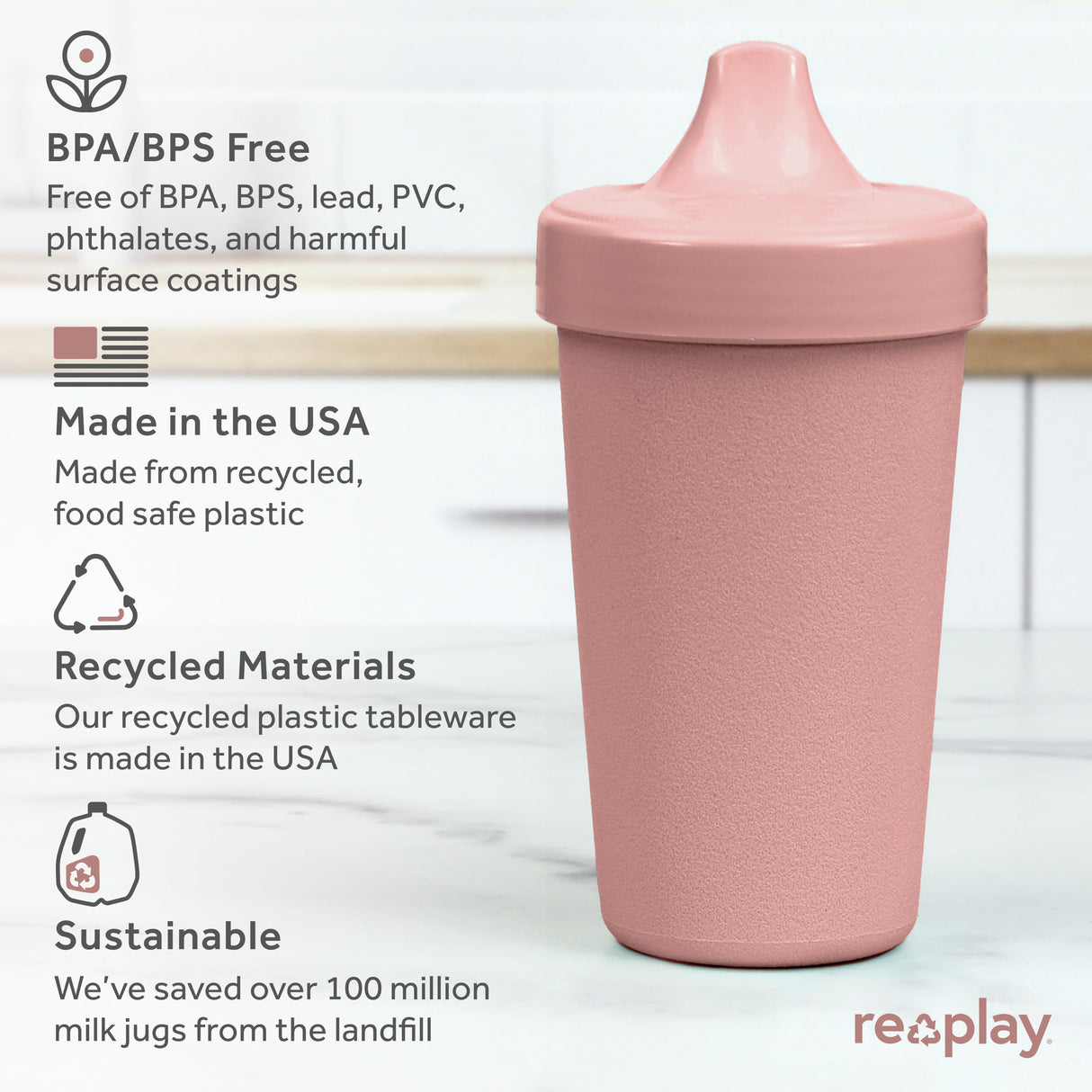 Re-Play Made in USA 10 Oz. Sippy Cups for Toddlers, Pack of 4 - Reusable Spill Proof Cups for Kids, Dishwasher/Microwave Safe - Hard Spout Sippy Cups for Toddlers 3.13" x 6.25", Desert Roses
