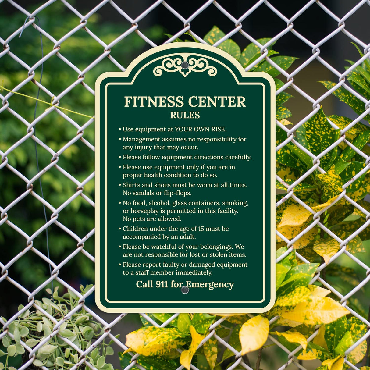 Sigo Signs, Fitness Center Rules Use Equipment at Your Own Risk Décor Sign, Green Light, 12x18 Inches, ACM, Fade Resistant, Made in USA