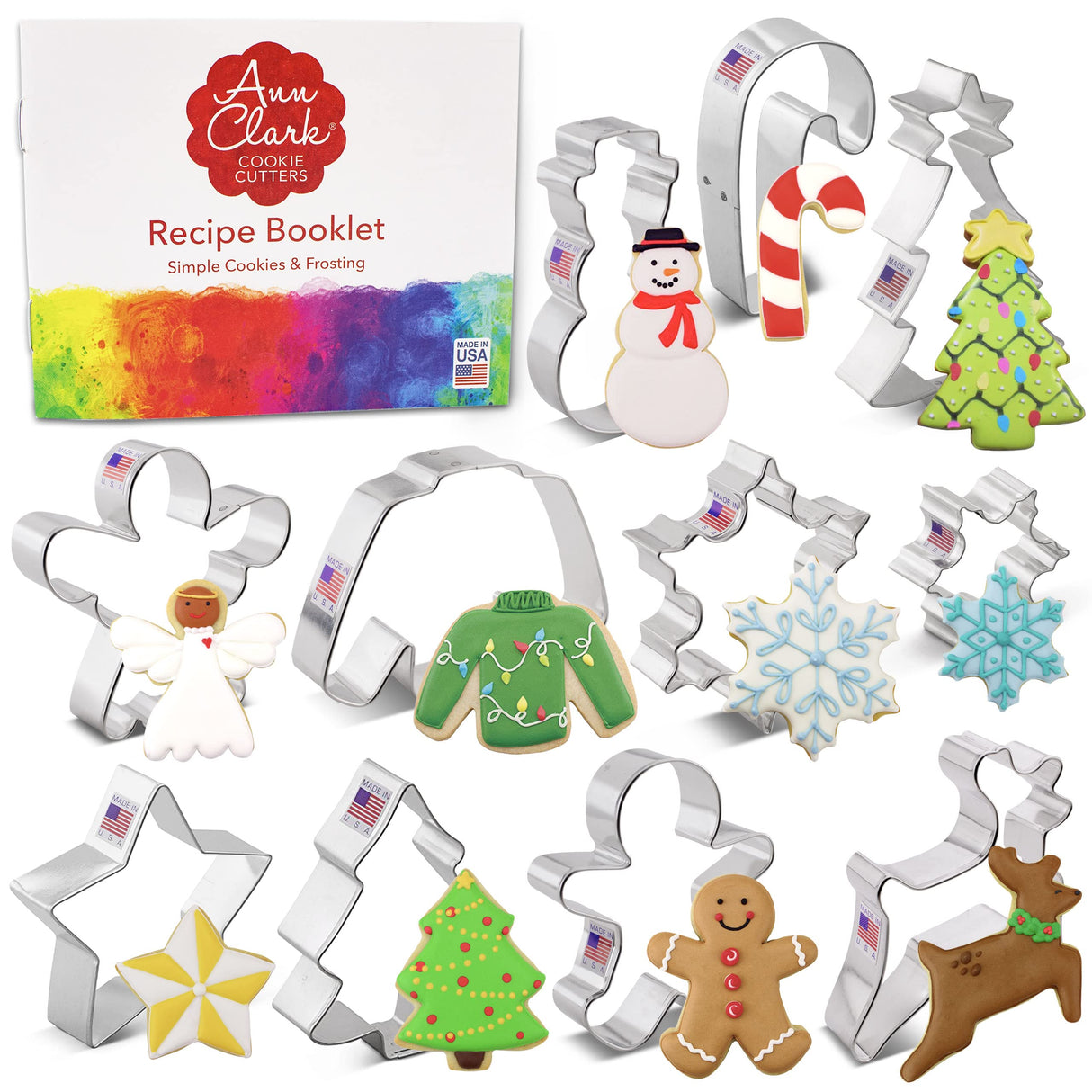 Winter Christmas Cookie Cutters 11-Pc. Set Made in the USA by Ann Clark, Gingerbread Boy, Christmas Tree, Reindeer, Snowflake, Snowman and more