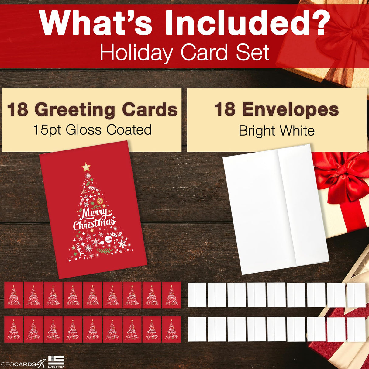 Merry Christmas Cards for Business & Family (Variety Pack 4 Holiday Designs) Greeting Card Set Pack of 20 Holiday Cards with Envelopes (5x7 inch - A7) Office, Work, Employees & Clients VP2405