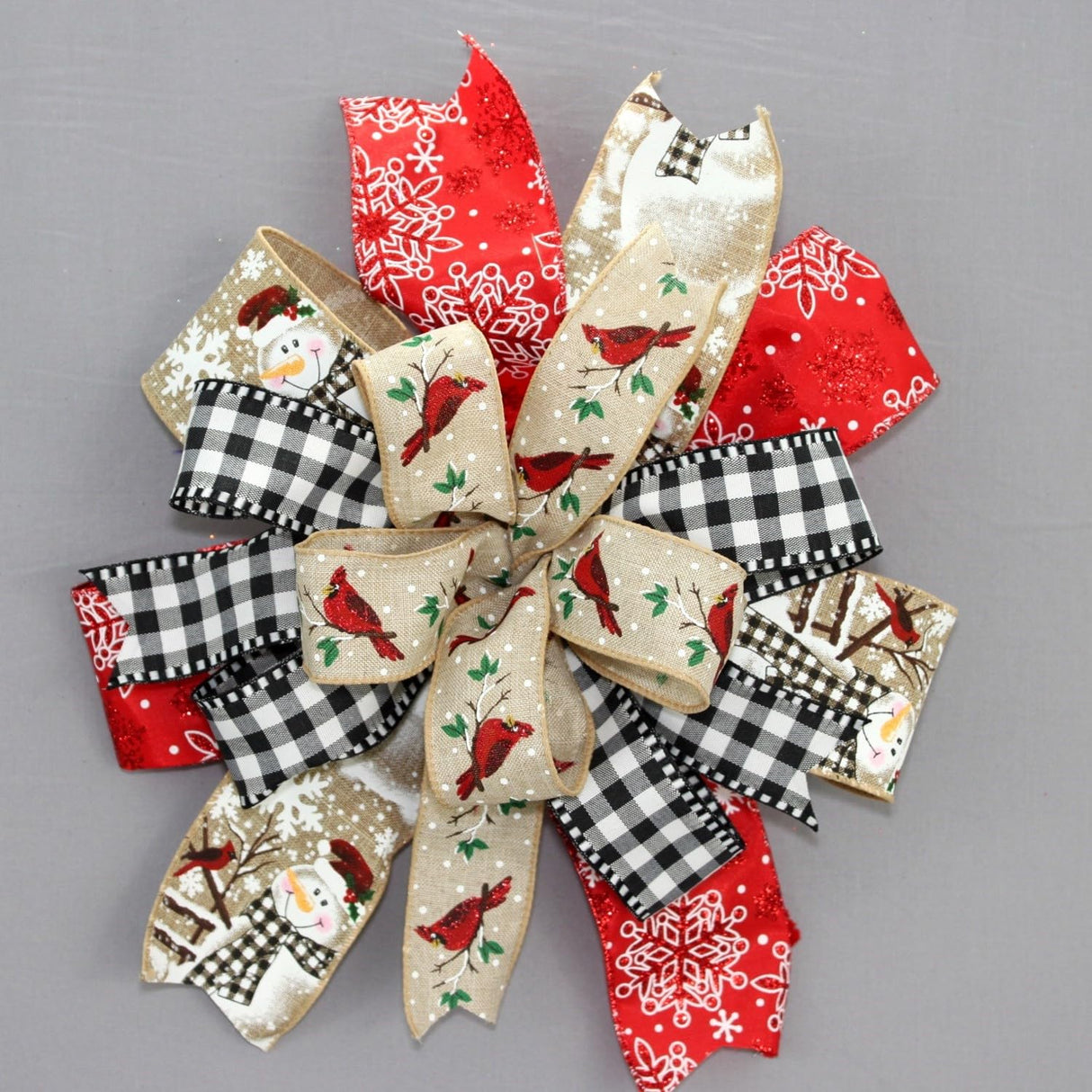 Christmas Cardinal Snowman Gingham Wreath Bow - Package Perfect Bows Made in USA