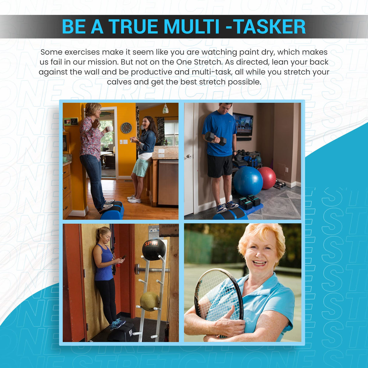 Multitask hands free while you stretch your calves for plantar fasciitis, foot pain, Achilles tendinitis, and more. Made in the USA. (Blue)