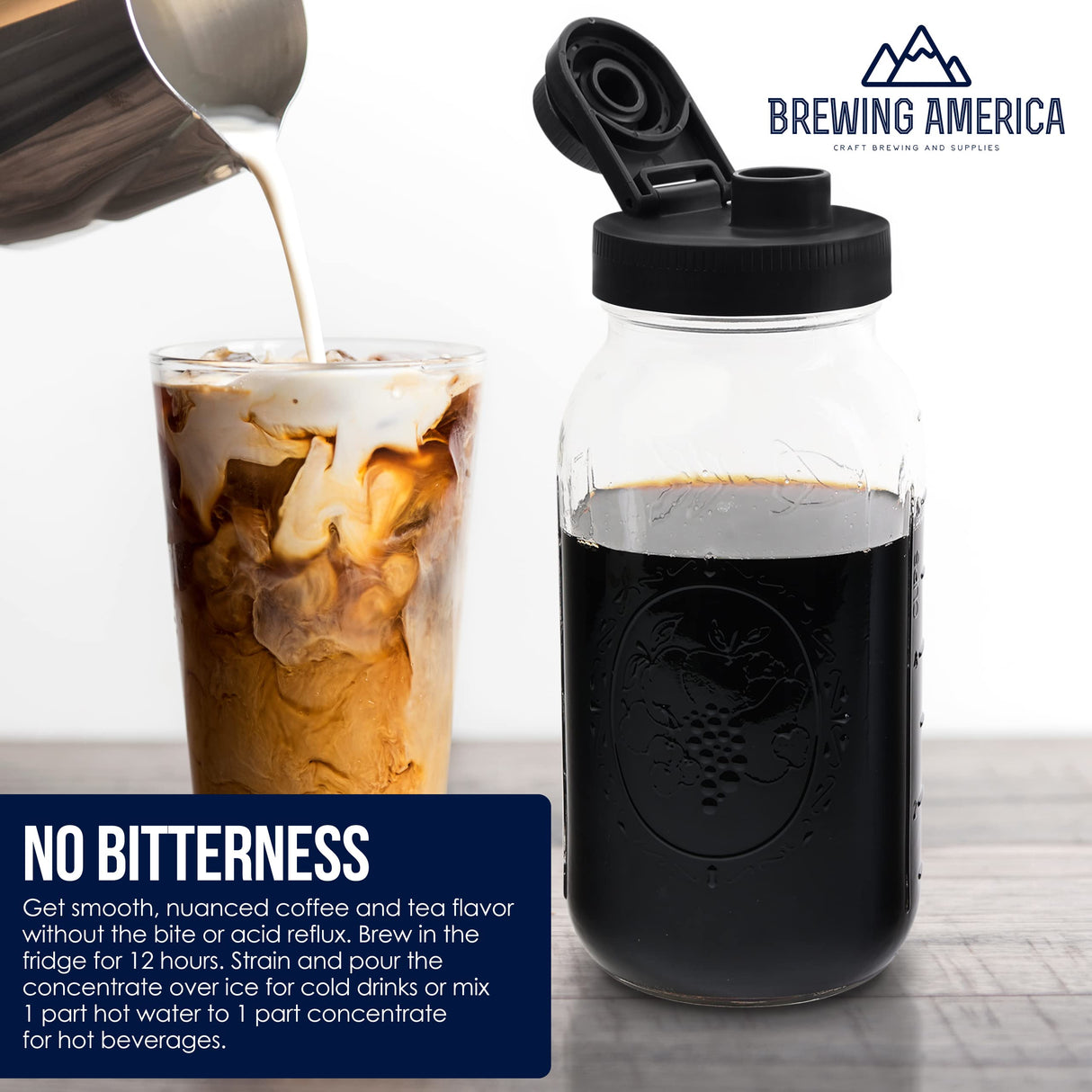 Brewing America Mason Jar Cold Brew Coffee Maker Infuser: Made in USA Wide Mouth Mason Jar with Screw Top Pour and Drinking Lid, Stainless Steel Filter - Coffee, Tea, Alcohol - 2 Quart 64 oz Blue Lid