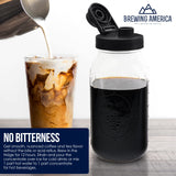 Brewing America Mason Jar Cold Brew Coffee Maker Infuser: Made in USA Wide Mouth Mason Jar with Screw Top Pour and Drinking Lid, Stainless Steel Filter - Coffee, Tea, Alcohol - 2 Quart 64 oz Blue Lid