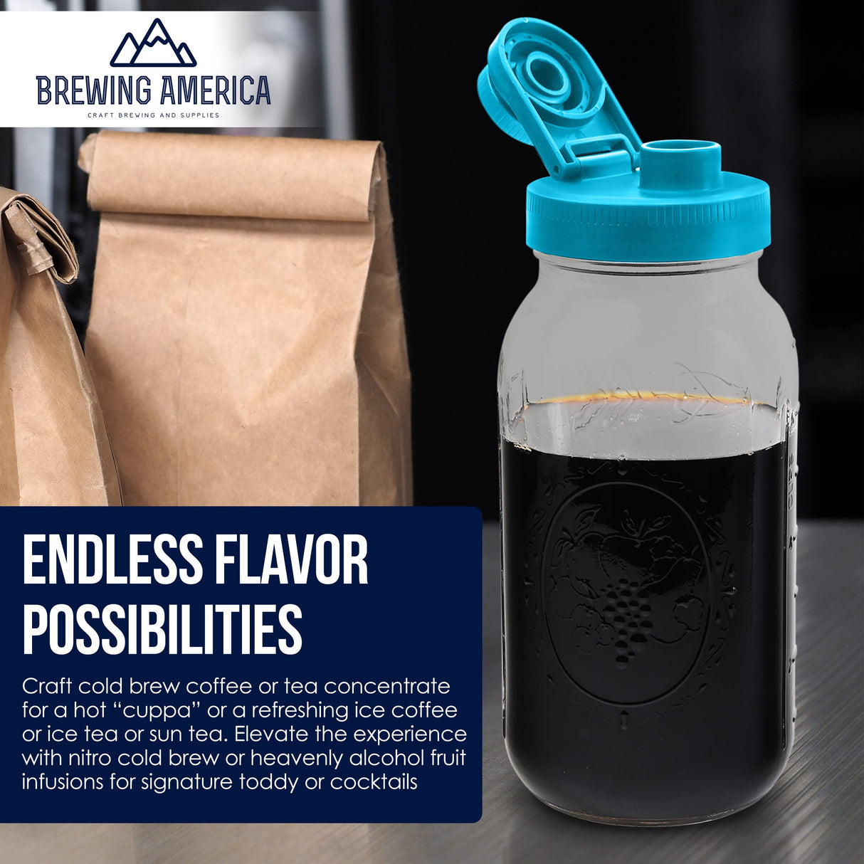 Brewing America Mason Jar Cold Brew Coffee Maker Infuser: Made in USA Wide Mouth Mason Jar with Screw Top Pour and Drinking Lid, Stainless Steel Filter - Coffee, Tea, Alcohol - 2 Quart 64 oz Blue Lid