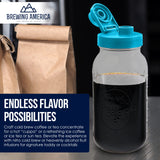 Brewing America Mason Jar Cold Brew Coffee Maker Infuser: Made in USA Wide Mouth Mason Jar with Screw Top Pour and Drinking Lid, Stainless Steel Filter - Coffee, Tea, Alcohol - 2 Quart 64 oz Blue Lid