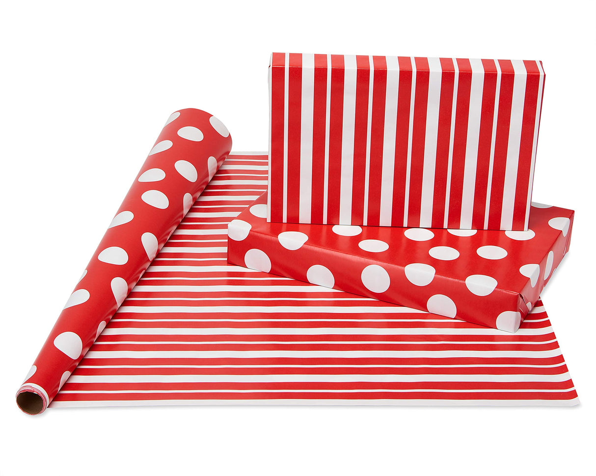 American Greetings 175 sq. ft. Reversible Red Wrapping Paper for Christmas and All Holidays, Red and White Polka Dots (1 Jumbo Roll 30 in. x 70 ft.)