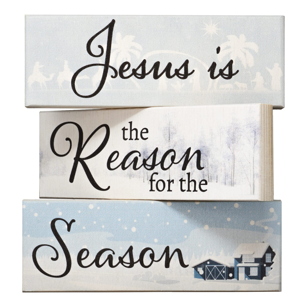 Jesus is the Reason for the Season Mini Wood Block Set - 3pc Christmas Decor, Religious Holiday Decorations, Tiered Tray & Shelf Display, Made in USA