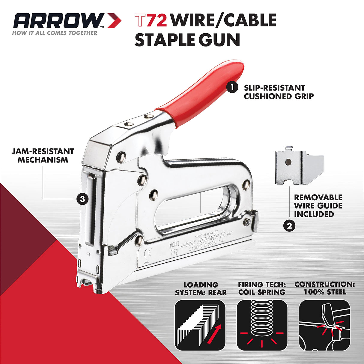 Arrow T72 Heavy Duty Wire and Cable Staple Gun, Manual Stapler for Installing Wiring for Telecommunications, Internet, and Computer Cables, uses T72 Insulated Staples