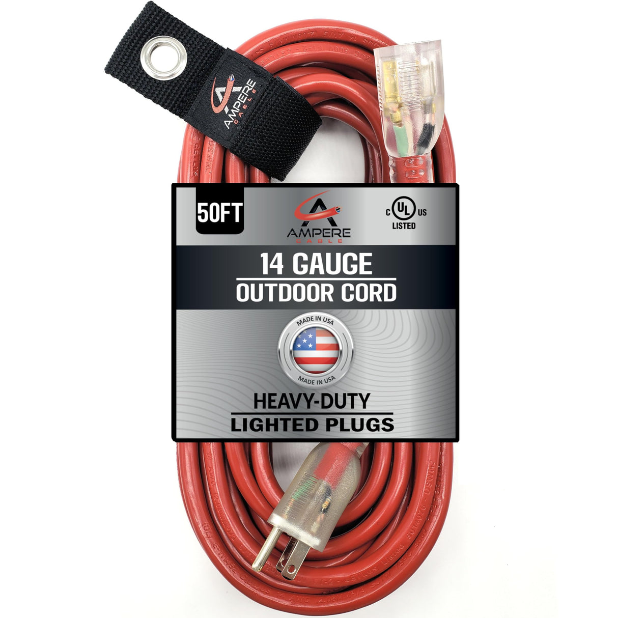 50 ft - 14 Gauge Extension Cord Outdoor - Made in USA - Lighted on Both Ends - Red Outdoor Extension Cord Waterproof by Anthem Cable - Heavy Duty Extension Cord 50 ft 15 Amp Extension Cord