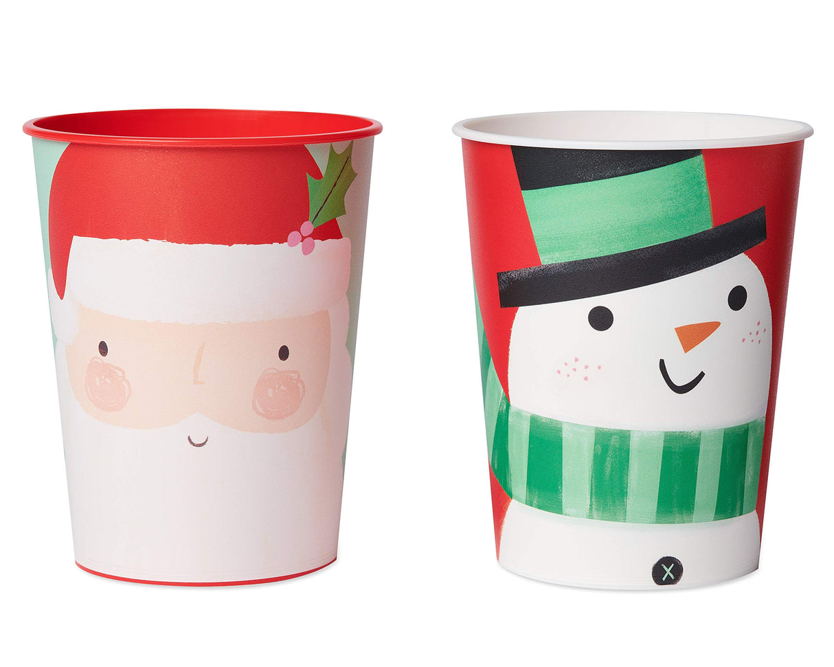 American Greetings 8-Count 16 oz. Reusable Plastic Cups, Santa and Snowman Christmas Party Supplies