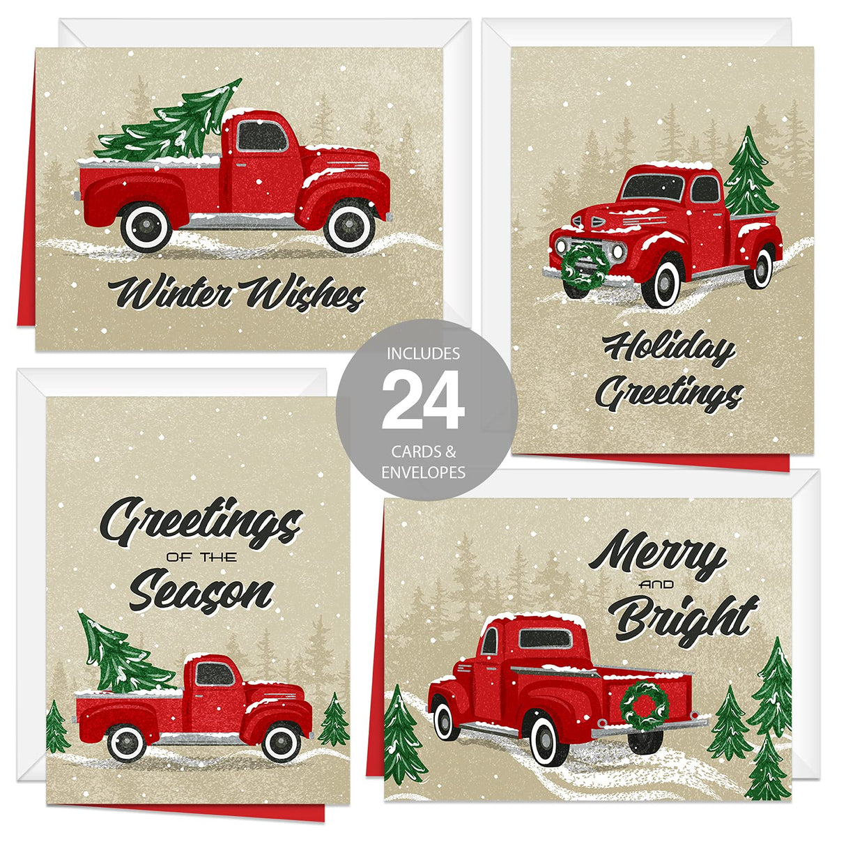 Painted Kraft Style Holiday Cards / 24 Modern Christmas Note Cards With White Envelopes / 4 5/8" x 6 1/4" Illustrated Faux Kraft Greeting Cards / 6 Cheery Winter Designs/Made In The USA