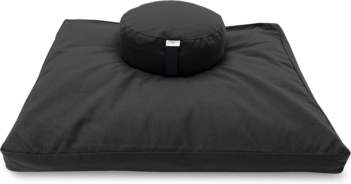 Bean's ZAFU + ZABUTON Meditation Set - Round Buckwheat Filled ZAFU Pillow + Large Cotton Filled ZABUTON Floor Pad - Black Cotton Canvas - Traditional Tibetan Zen Mindfulness Seat Kit - Made in USA