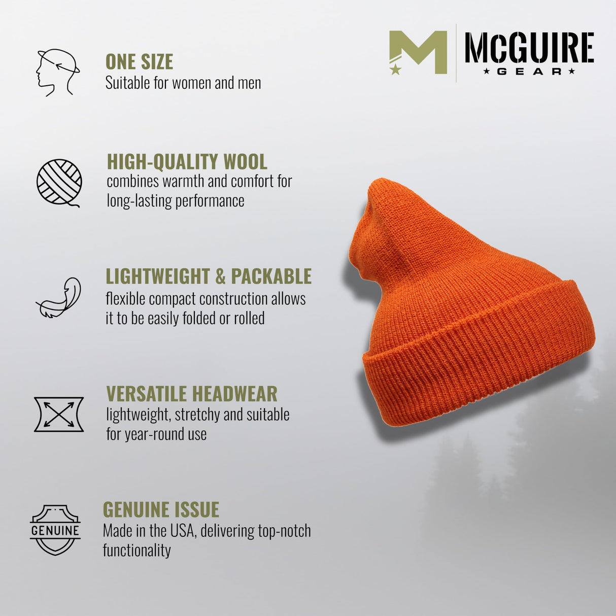 Warm Winter Watch Cap 100% Wool Beanie Made in USA to Military Specifications