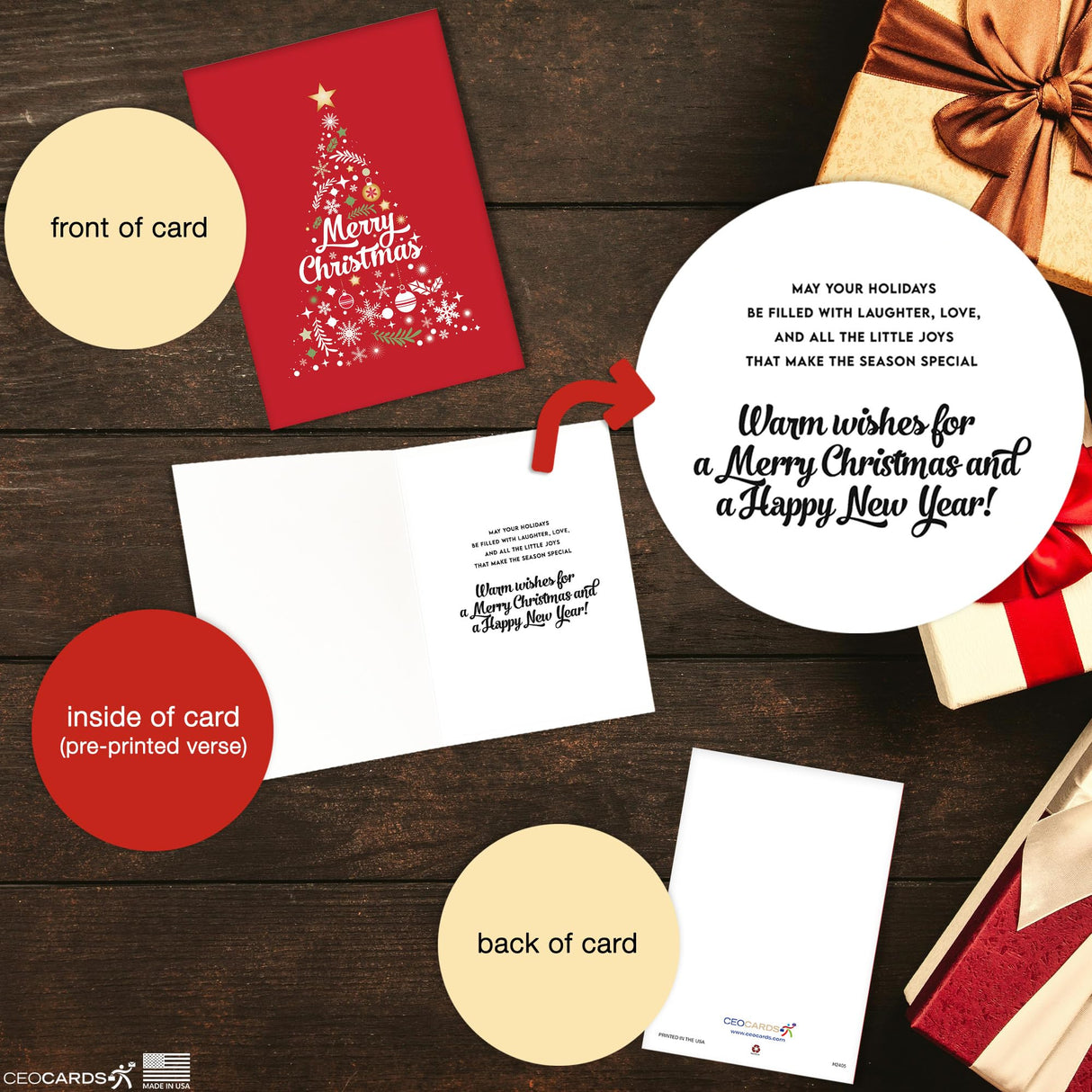 Merry Christmas Cards for Business & Family (Variety Pack 4 Holiday Designs) Greeting Card Set Pack of 20 Holiday Cards with Envelopes (5x7 inch - A7) Office, Work, Employees & Clients VP2405