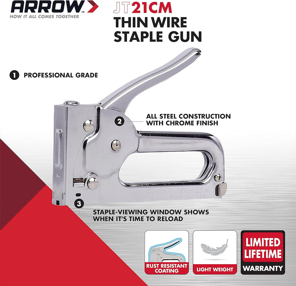 Arrow JT21CM Professional Light Duty Staple Gun for Upholstery, Crafts, Office, Fits 1/4", 5/16”, or 3/8" Staples