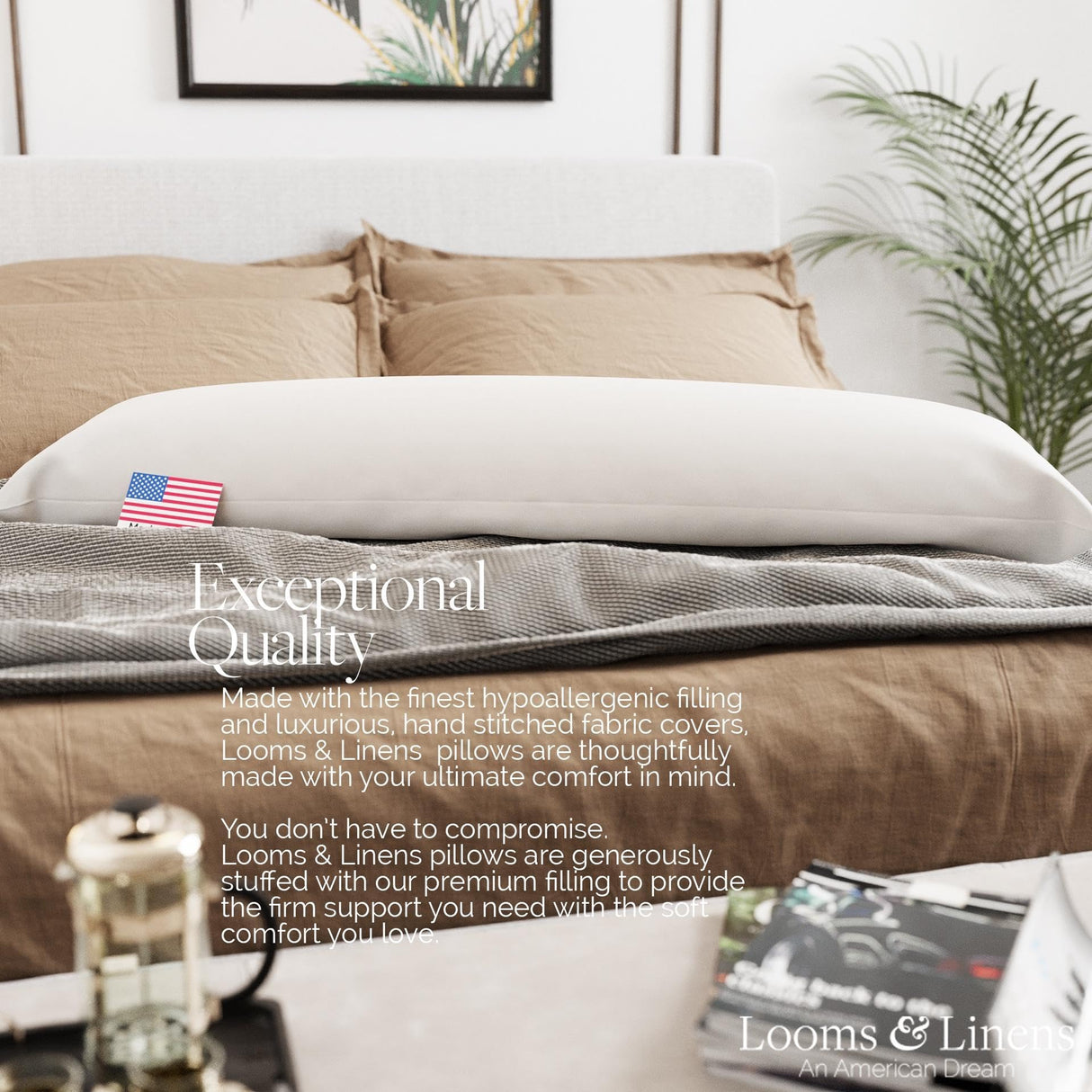 Looms & Linens 48 inch Body Pillow Insert Long Body Pillows for Adults and Elderly for Side Sleeper USA Made 1 Pack - Full Body Pillow an American Dream