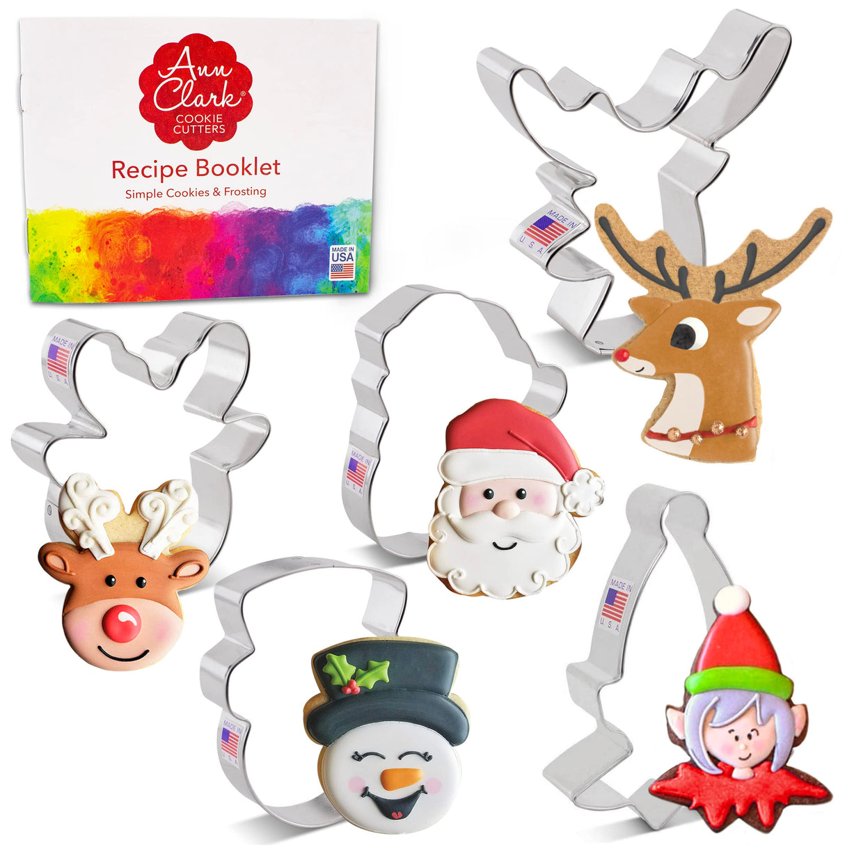 Faces of Christmas Cookie Cutters 5-Pc. Set Made in the USA by Ann Clark, Santa Face, Reindeer Faces, Snowman Face, Elf Face
