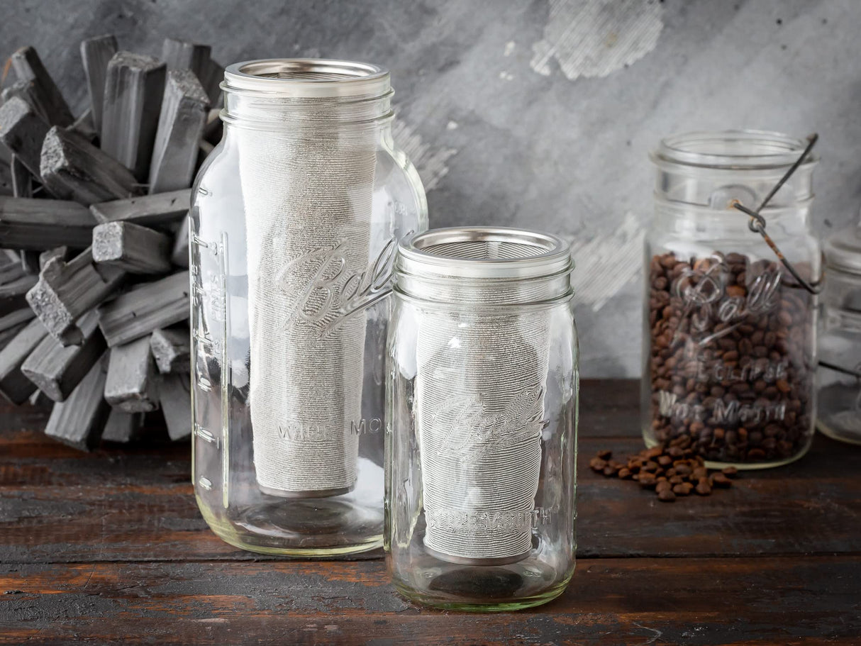 Brewing America Mason Jar Cold Brew Coffee Maker Infuser: Made in USA Wide Mouth Mason Jar with Screw Top Pour and Drinking Lid, Stainless Steel Filter - Coffee, Tea, Alcohol - 2 Quart 64 oz Blue Lid
