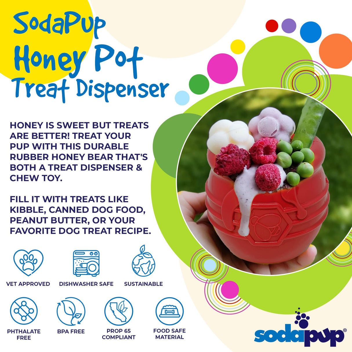 SodaPup Honey Pot – Durable Dog Treat Dispenser & Enrichment Toy Made in USA from Non-Toxic, Pet Safe, Food Safe Natural Rubber Material for Mental Stimulation, Problem Chewing, Calming Nerves, & More