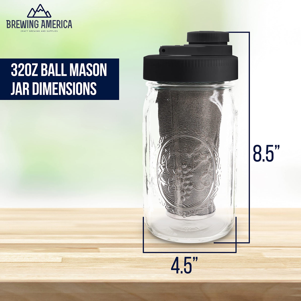 Brewing America Mason Jar Cold Brew Coffee Maker Infuser: Made in USA Wide Mouth Mason Jar with Screw Top Pour and Drinking Lid, Stainless Steel Filter - Coffee, Tea, Alcohol - 2 Quart 64 oz Blue Lid