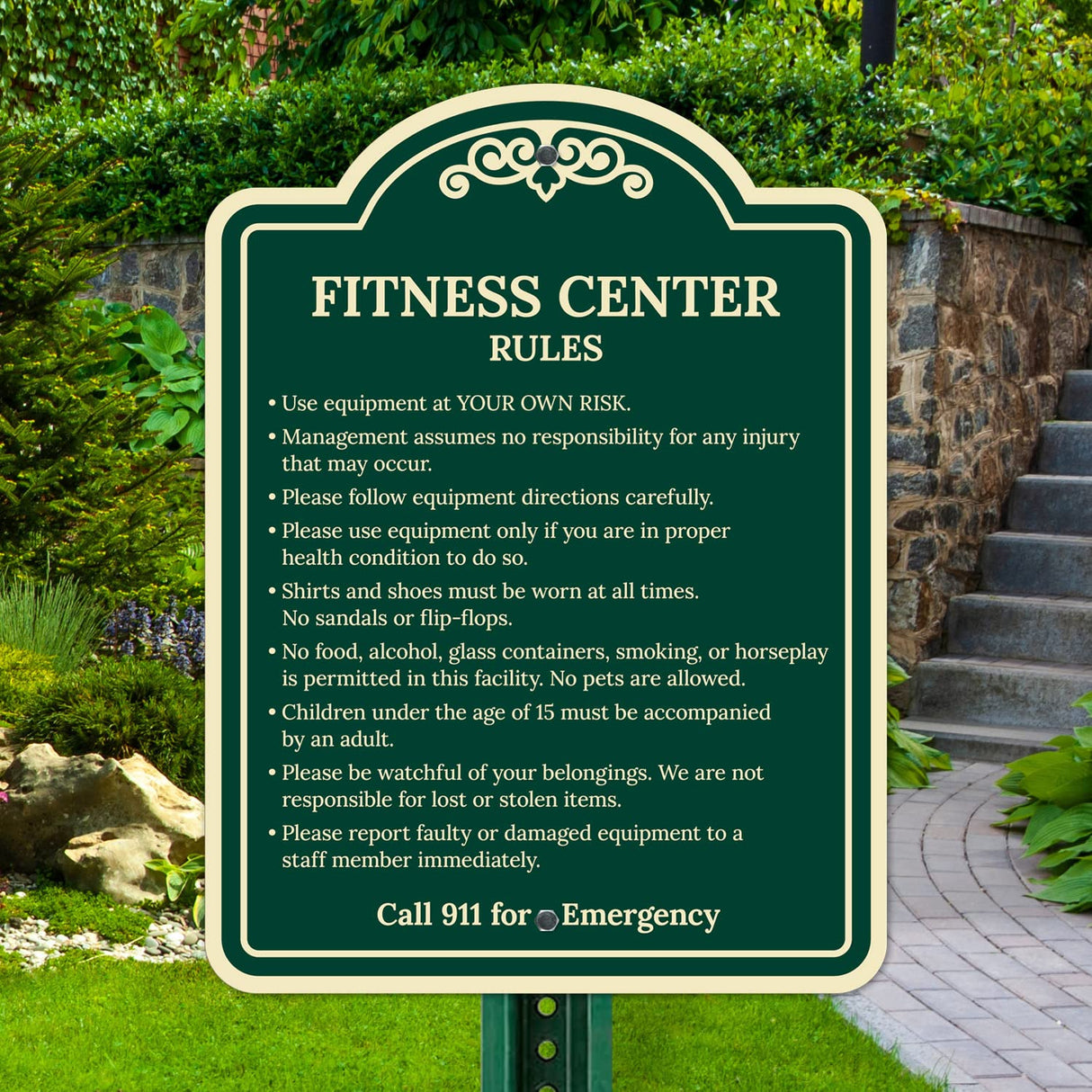 Sigo Signs, Fitness Center Rules Use Equipment at Your Own Risk Décor Sign, Green Light, 12x18 Inches, ACM, Fade Resistant, Made in USA