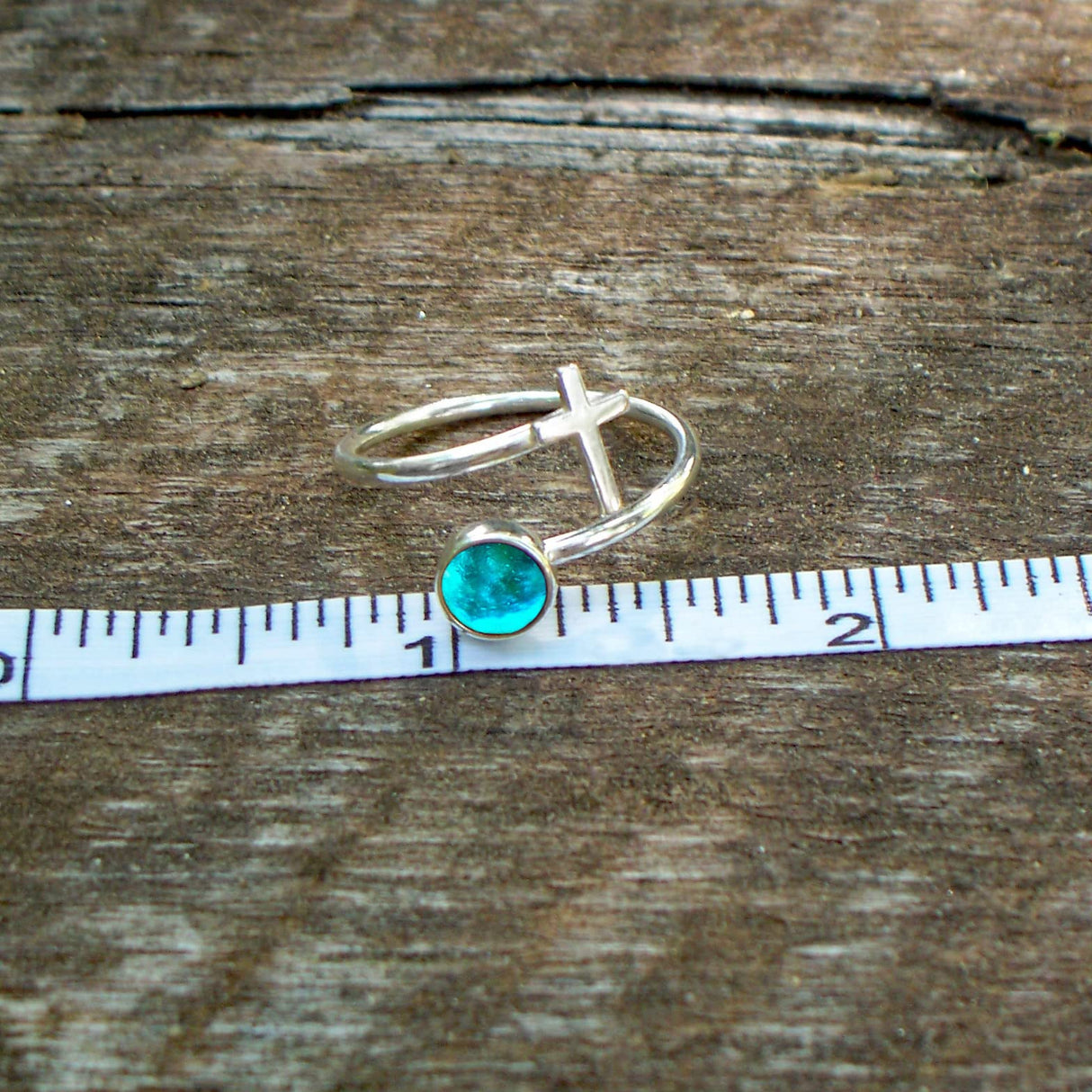 Recycled Antique Bottles and Glassware Sterling Silver At The Cross Adjustable Ring (Aqua Vintage Mason Jar)